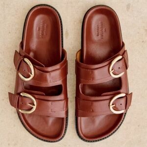 Sezane Low Lenny Brown Leather Double Buckle Mules
